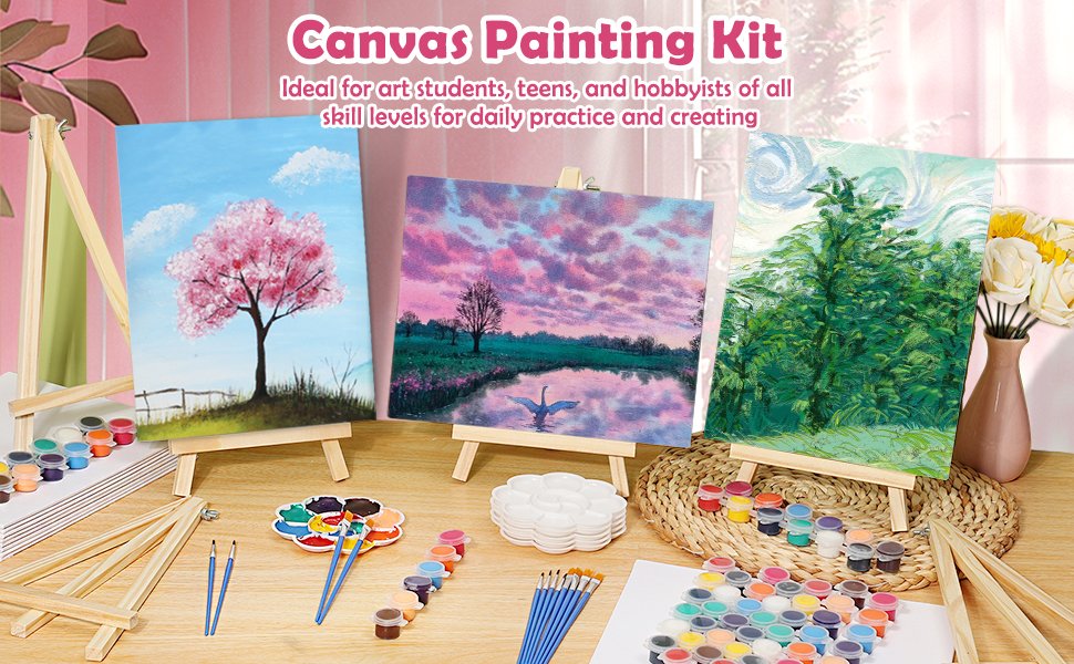 Canvas painting kit with three finished paintings on easels, paints, brushes, and canvases.