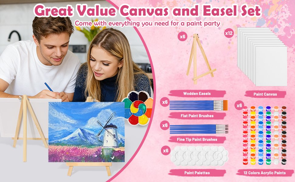 Couple painting a landscape on canvas with easel, brushes, paints, and palettes laid out