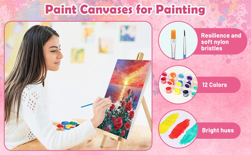 Young woman painting a sunset scene on canvas with easel, paints, and brushes