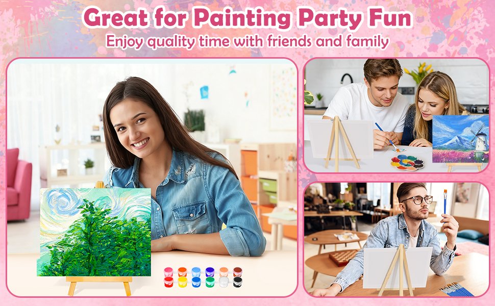 Woman smiling with a painted canvas on an easel, surrounded by paint pots and brushes.
