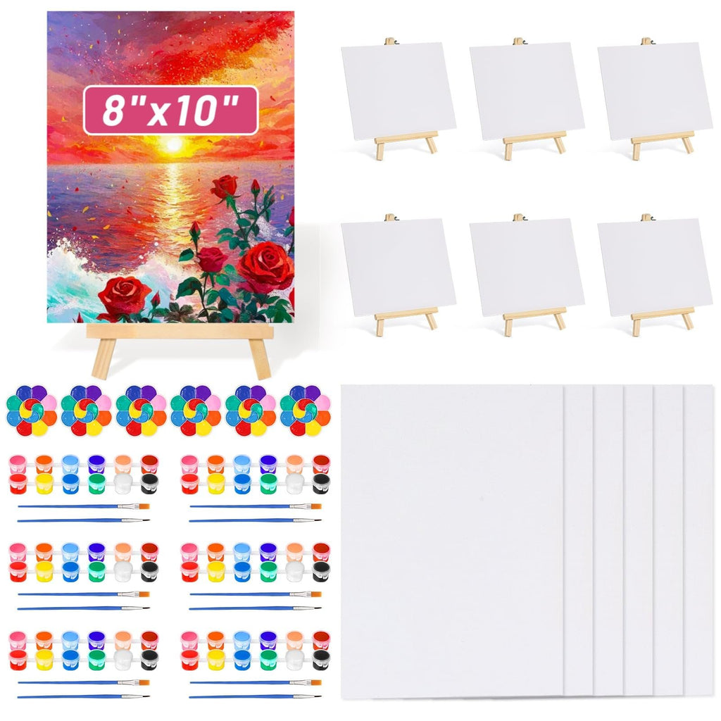 Art set with canvases, easels, acrylic paints, brushes, and trays. Includes a sample painting on an easel.