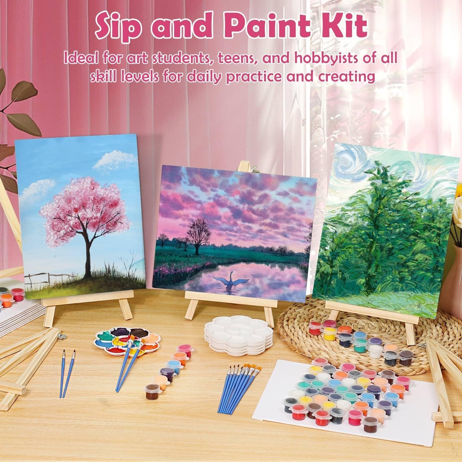 Sip and Paint Kit with canvases, easels, acrylic paints, brushes, and palettes on a wooden table.
