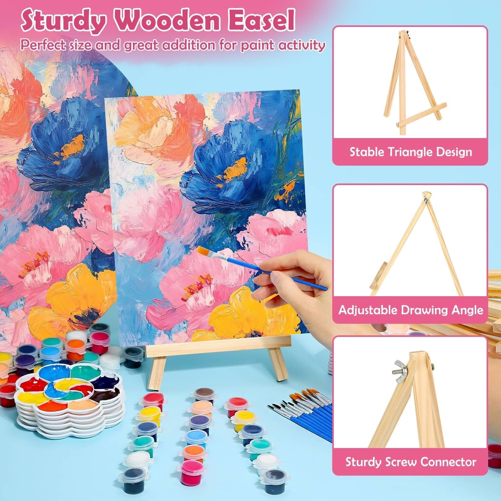 Art set with canvases, acrylic paints, brushes, and wooden easel, featuring close-ups of easel design and paint supplies.