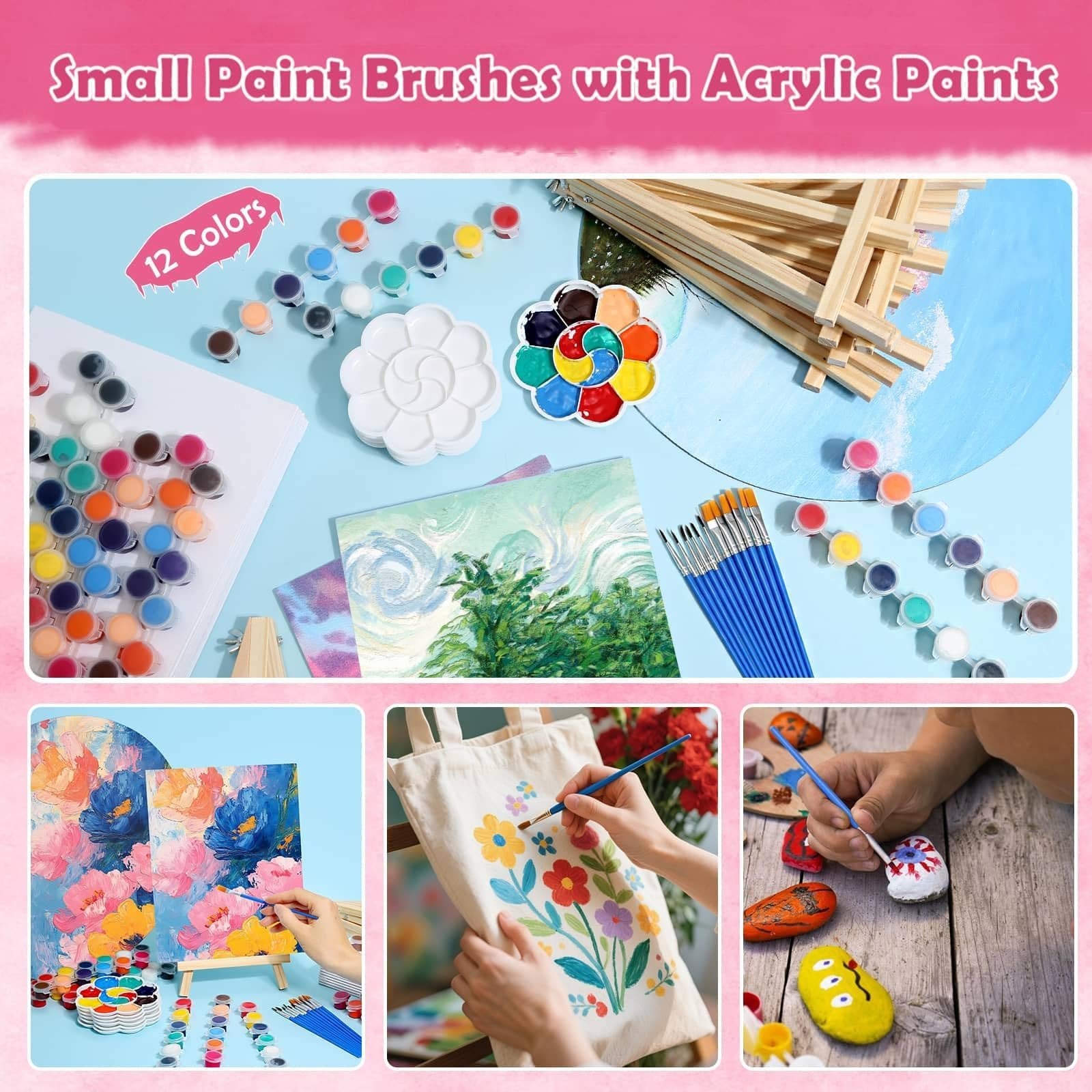 Collage of painting supplies including canvases, acrylic paints, brushes, and trays, with lifestyle shots of painting.