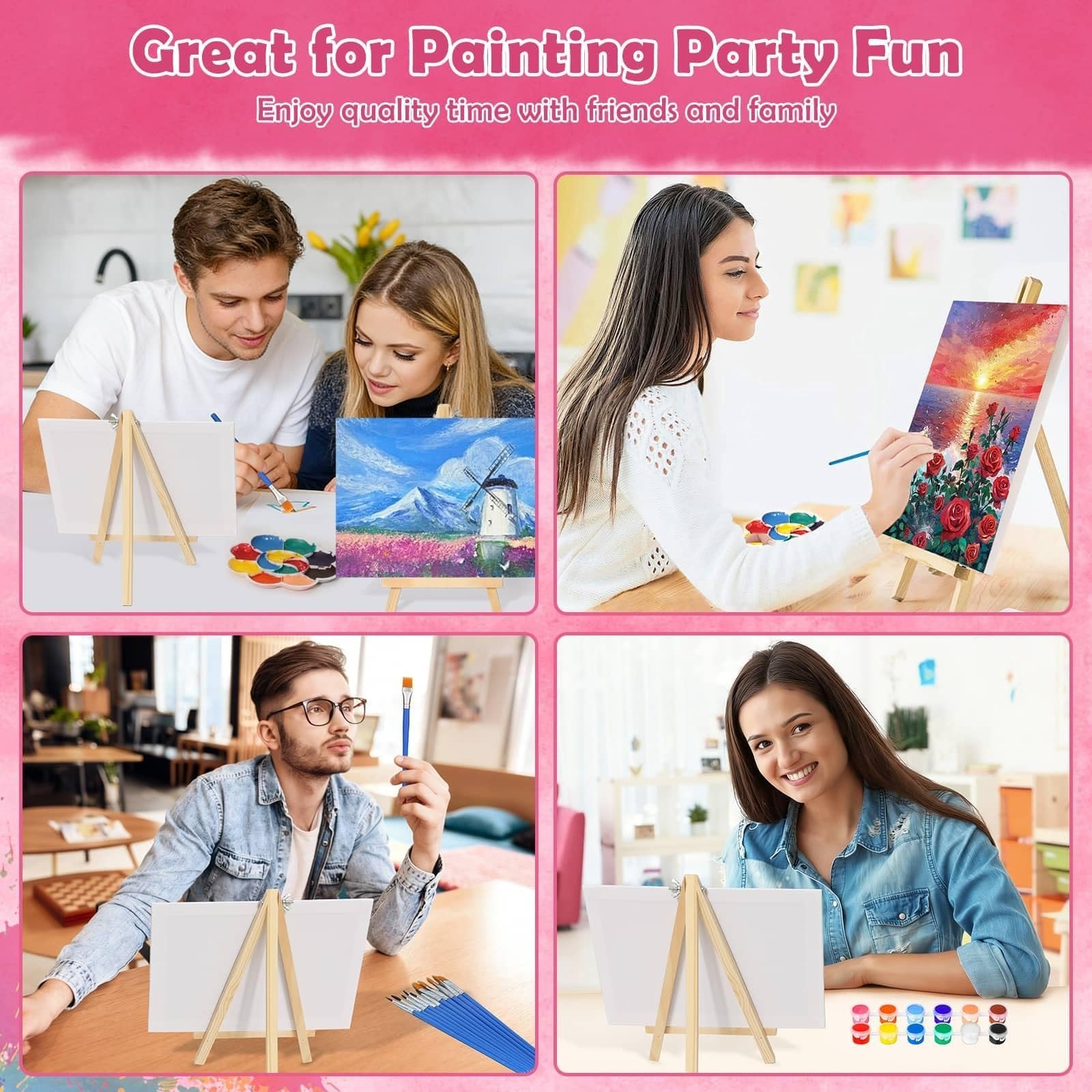 Collage of people painting with canvas and easel sets, acrylic paints, and brushes.