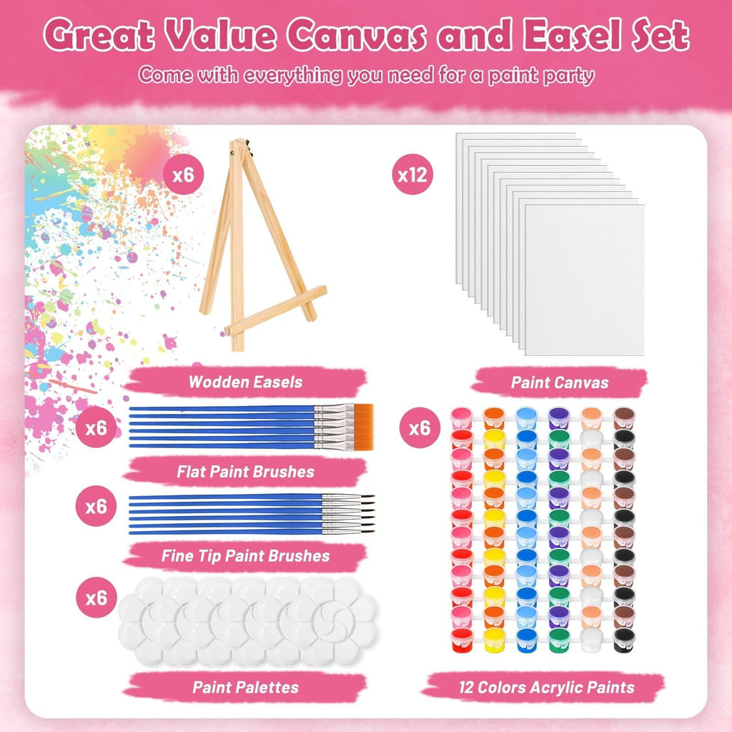 Canvas and easel set contents including wooden easels, paint canvases, flat paint brushes, fine tip paint brushes, paint palettes, and 12 colors of acrylic paints.