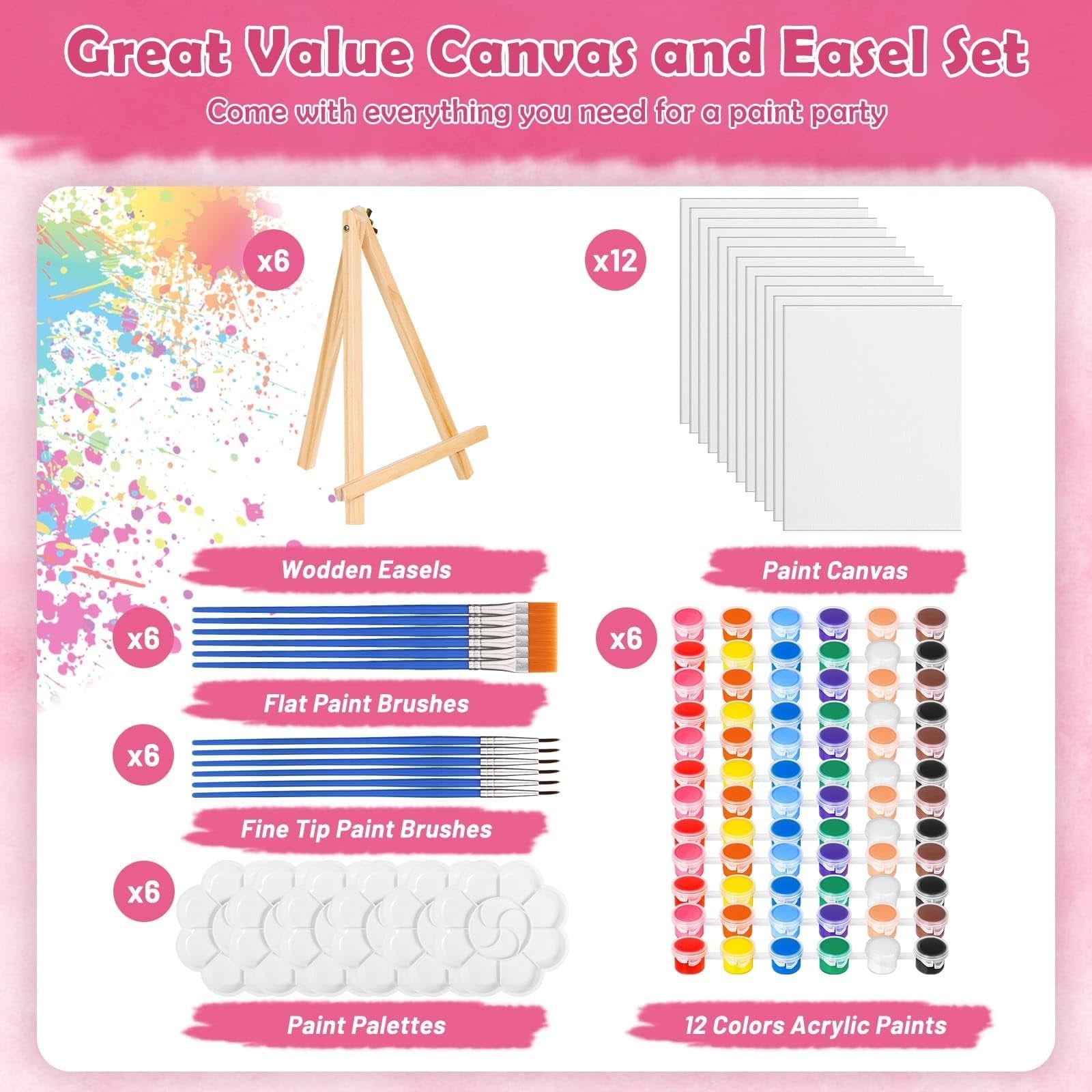 Canvas and easel set contents including wooden easels, paint canvases, flat paint brushes, fine tip paint brushes, paint palettes, and 12 colors of acrylic paints.
