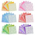 Six fanned stacks of colorful cotton quilting fabric squares with various patterns including floral, polka dot, gingham, stripes, and stars.