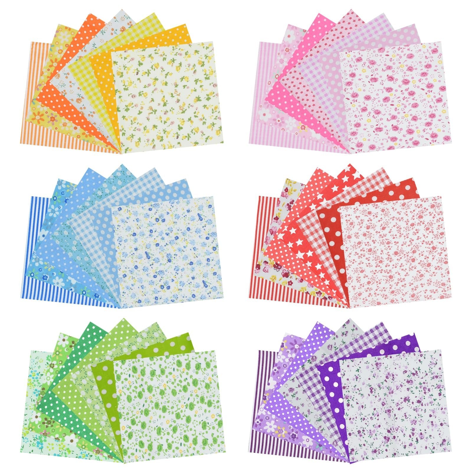 Six fanned stacks of colorful cotton quilting fabric squares with various patterns including floral, polka dot, gingham, stripes, and stars.