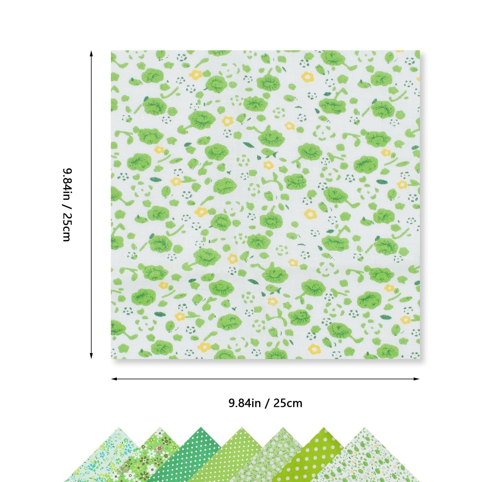 Cotton quilting fabric squares with green floral pattern and size indicator