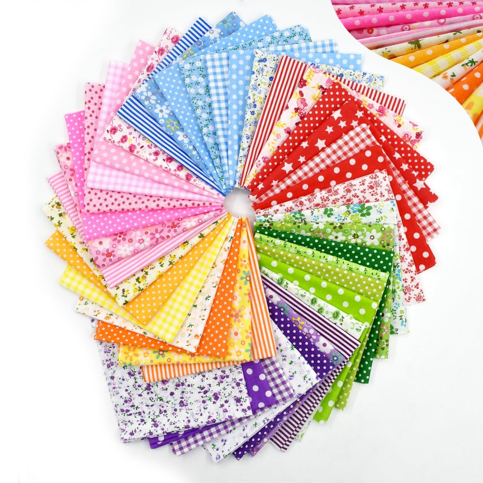 Fan arrangement of 42 colorful cotton fabric squares with various patterns including polka dots, floral, stripes, and stars.