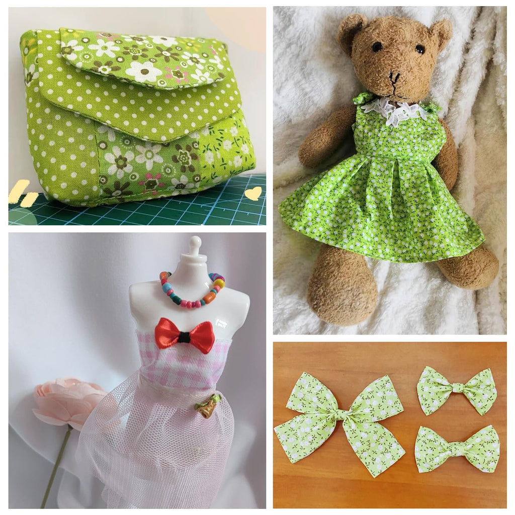 Collage of four images showing fabric crafts: a green pouch, a teddy bear in a green dress, a doll mannequin in a pink dress, and three green fabric bows.