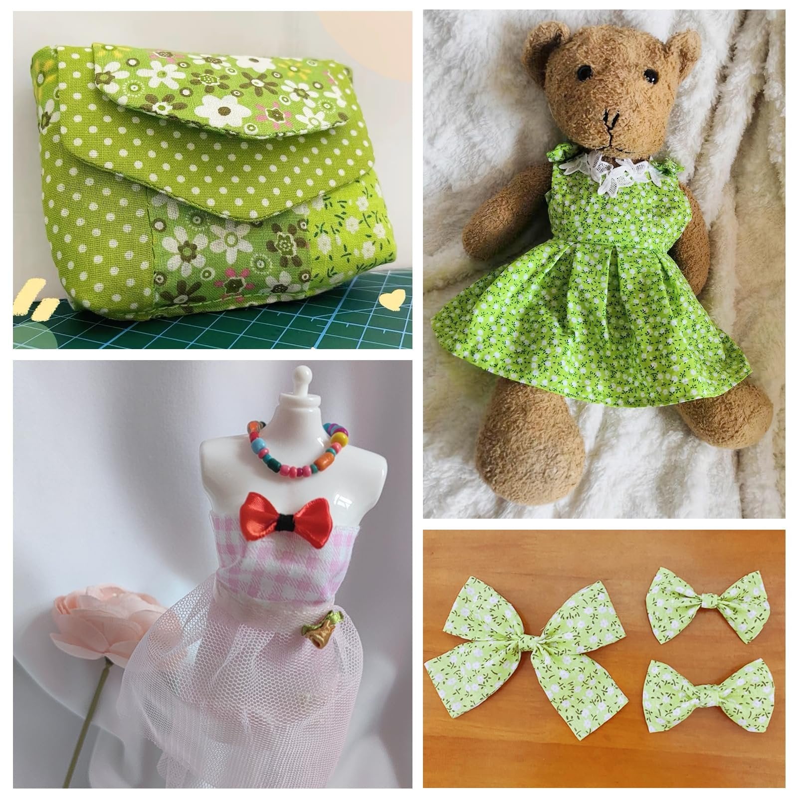 Collage of four images showing fabric crafts: a green pouch, a teddy bear in a green dress, a doll mannequin in a pink dress, and three green fabric bows.