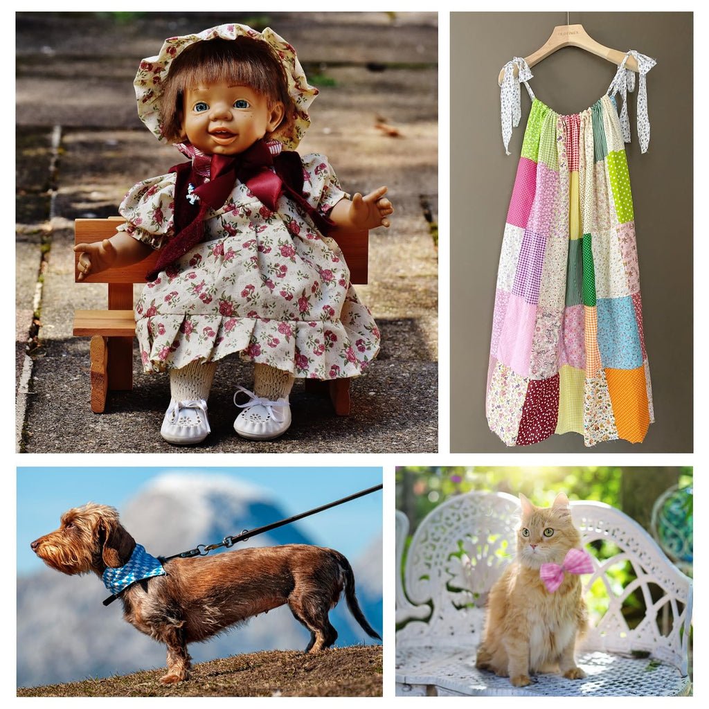 Collage of a doll on a bench, a patchwork dress on a hanger, a dachshund on a leash, and a cat with a bow tie.
