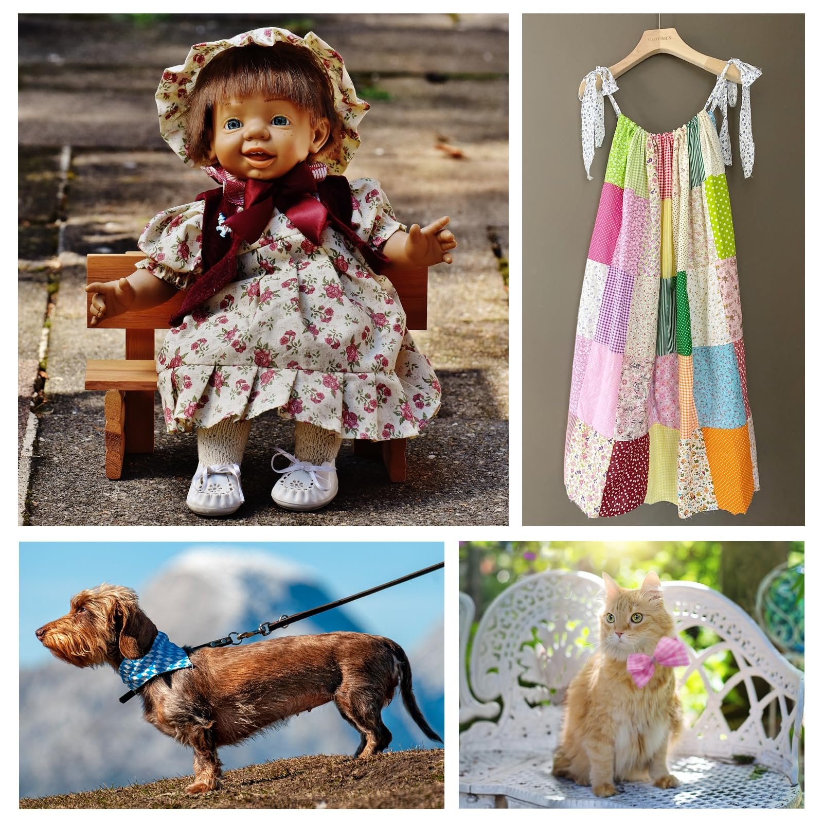 Collage of a doll on a bench, a patchwork dress on a hanger, a dachshund on a leash, and a cat with a bow tie.