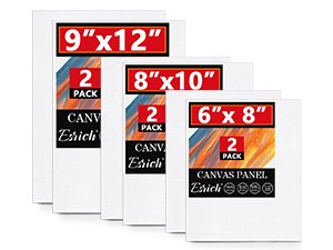 Four acrylic paint canvas panels in different sizes: 9x12, 8x10, and 6x8 inches, each showing a 2-pack quantity.