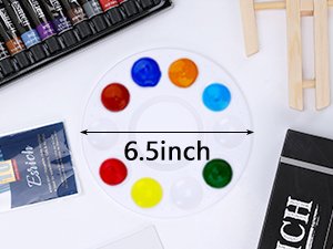 Acrylic paint palette with 8 colors, paint tubes, and wooden easel pieces on white surface