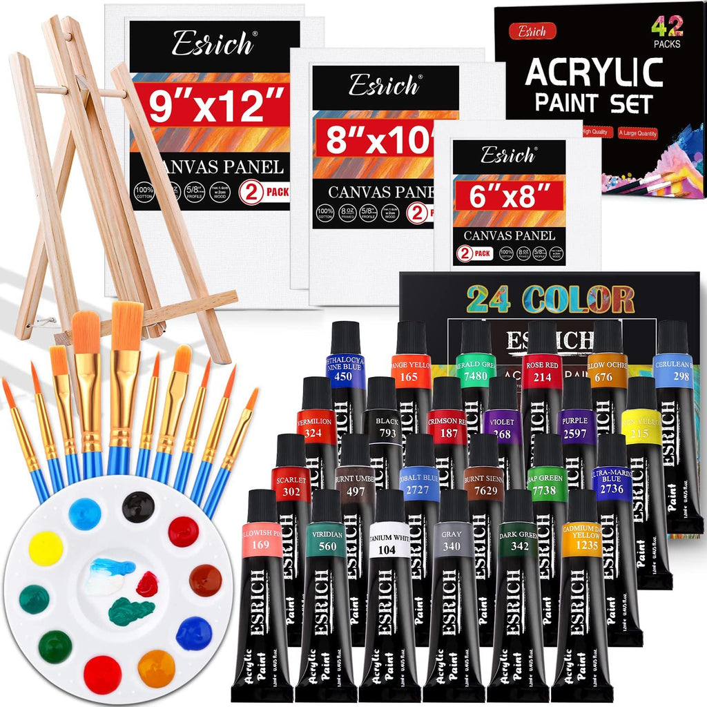 Acrylic paint set with 24 color tubes, palette, brushes, and canvas panels displayed with an easel.