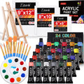 Acrylic paint set with 24 color tubes, palette, brushes, and canvas panels displayed with an easel.