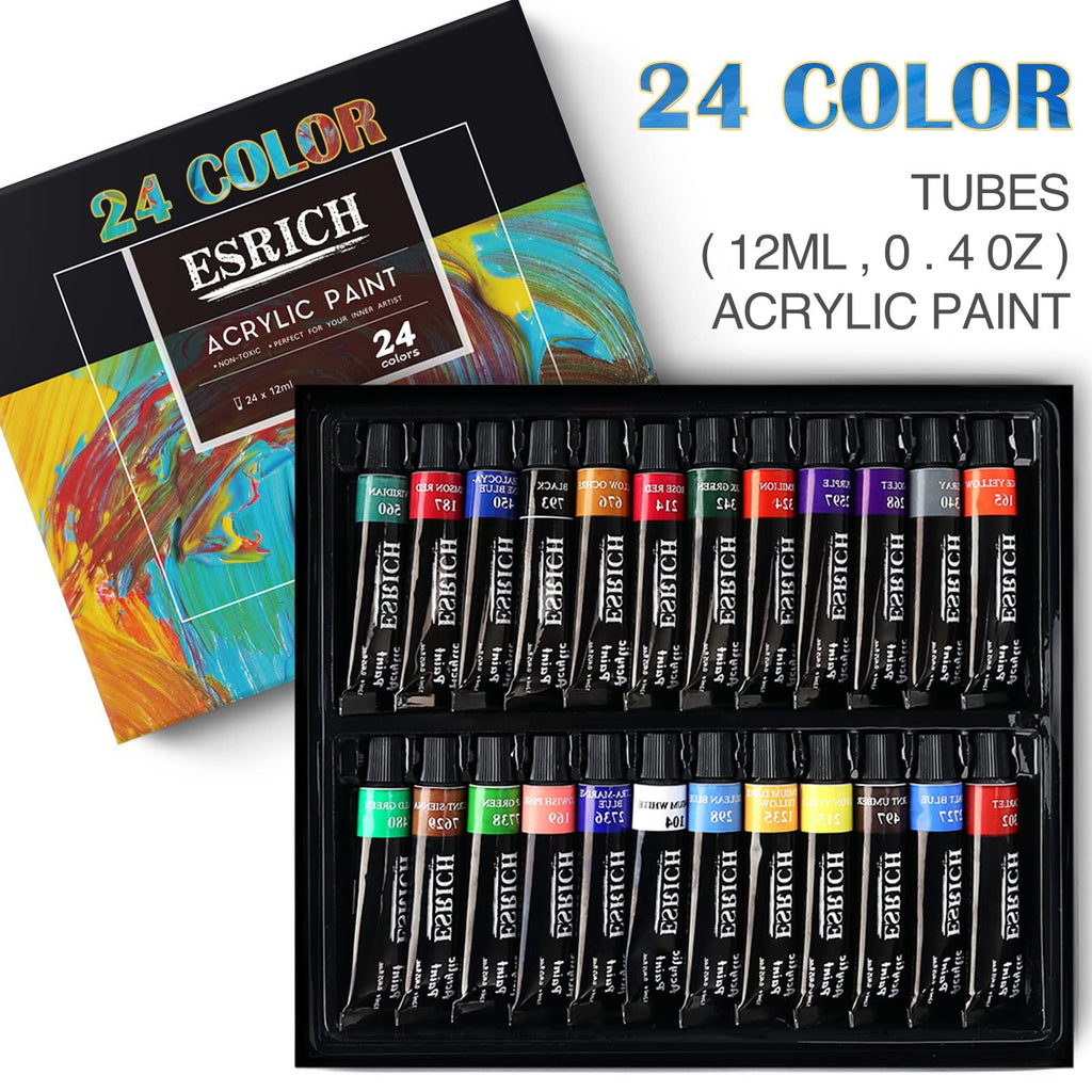Set of 24 acrylic paint tubes in a black tray, with the box in the background showing colorful paint splatters.