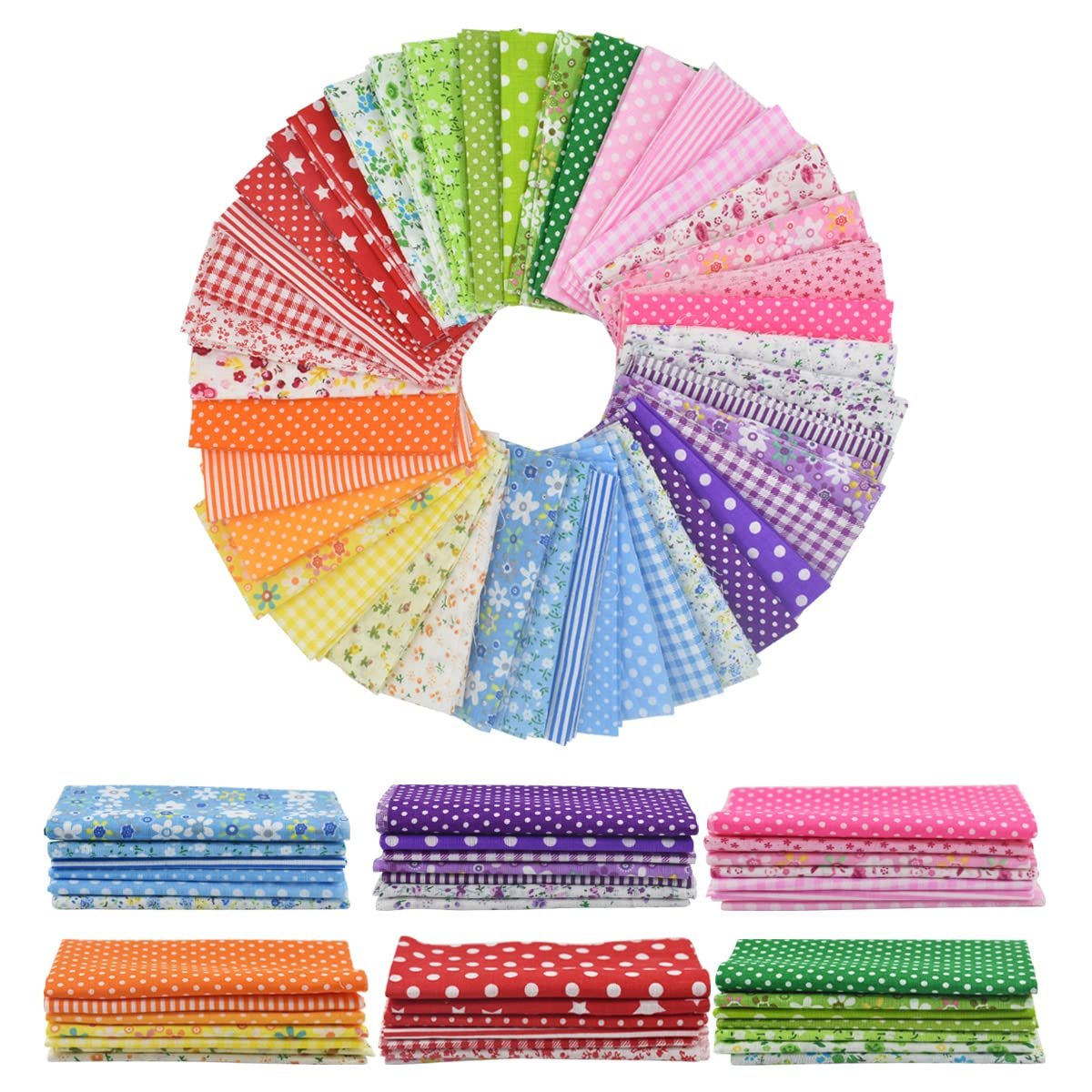 Stack of 42 colorful floral print cotton fabric squares arranged in a circle and in stacks below.