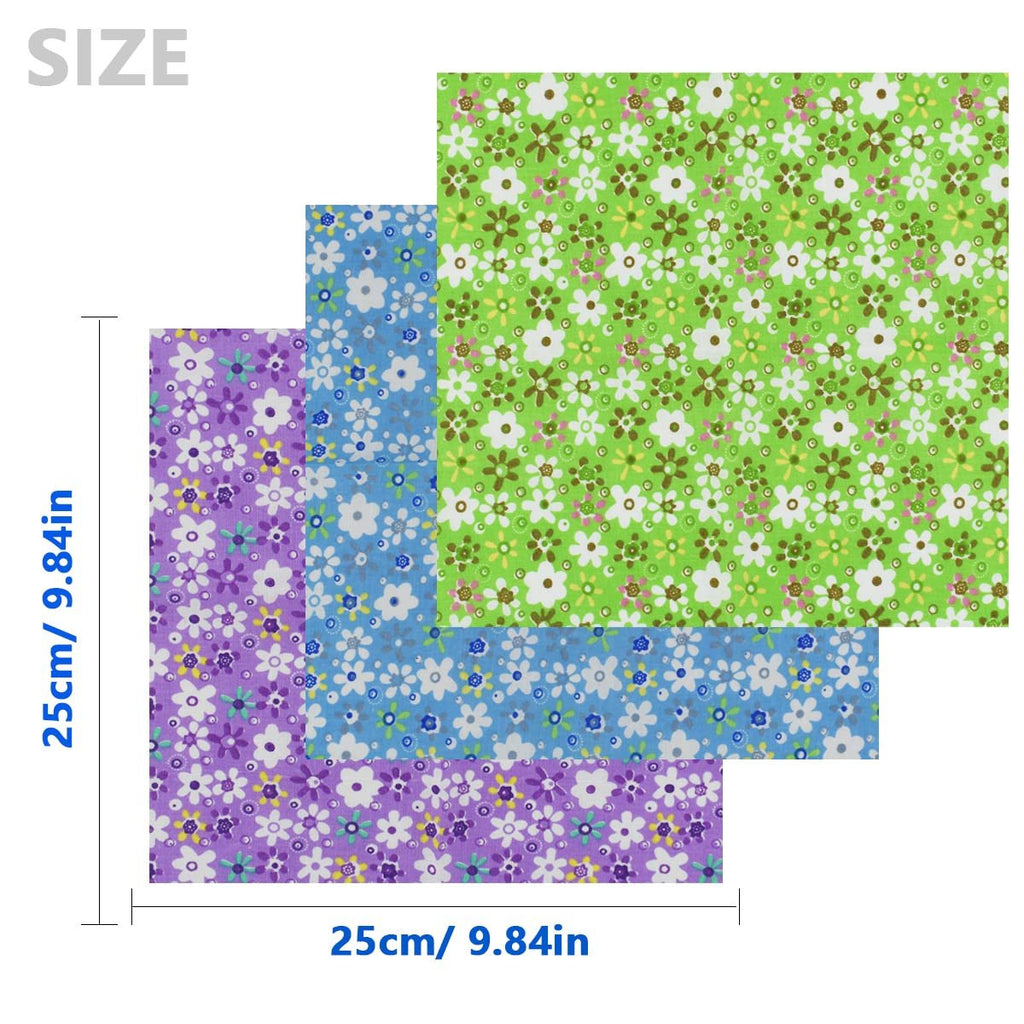 Three stacked floral print cotton fabric squares showing size dimensions, in purple, blue, and green.