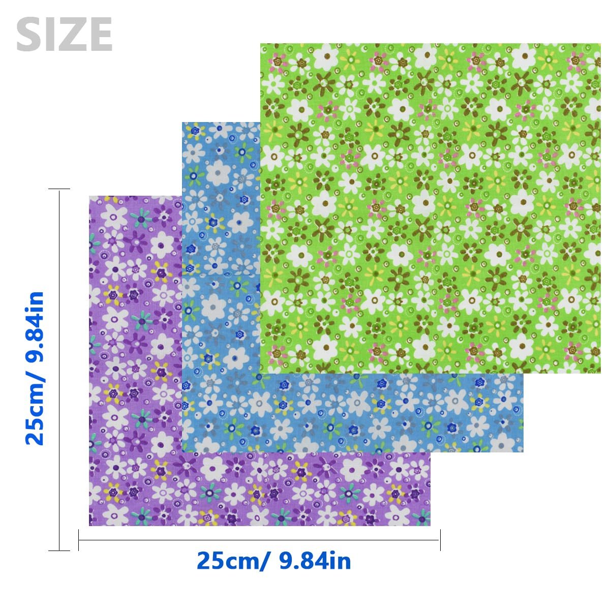Three stacked floral print cotton fabric squares showing size dimensions, in purple, blue, and green.