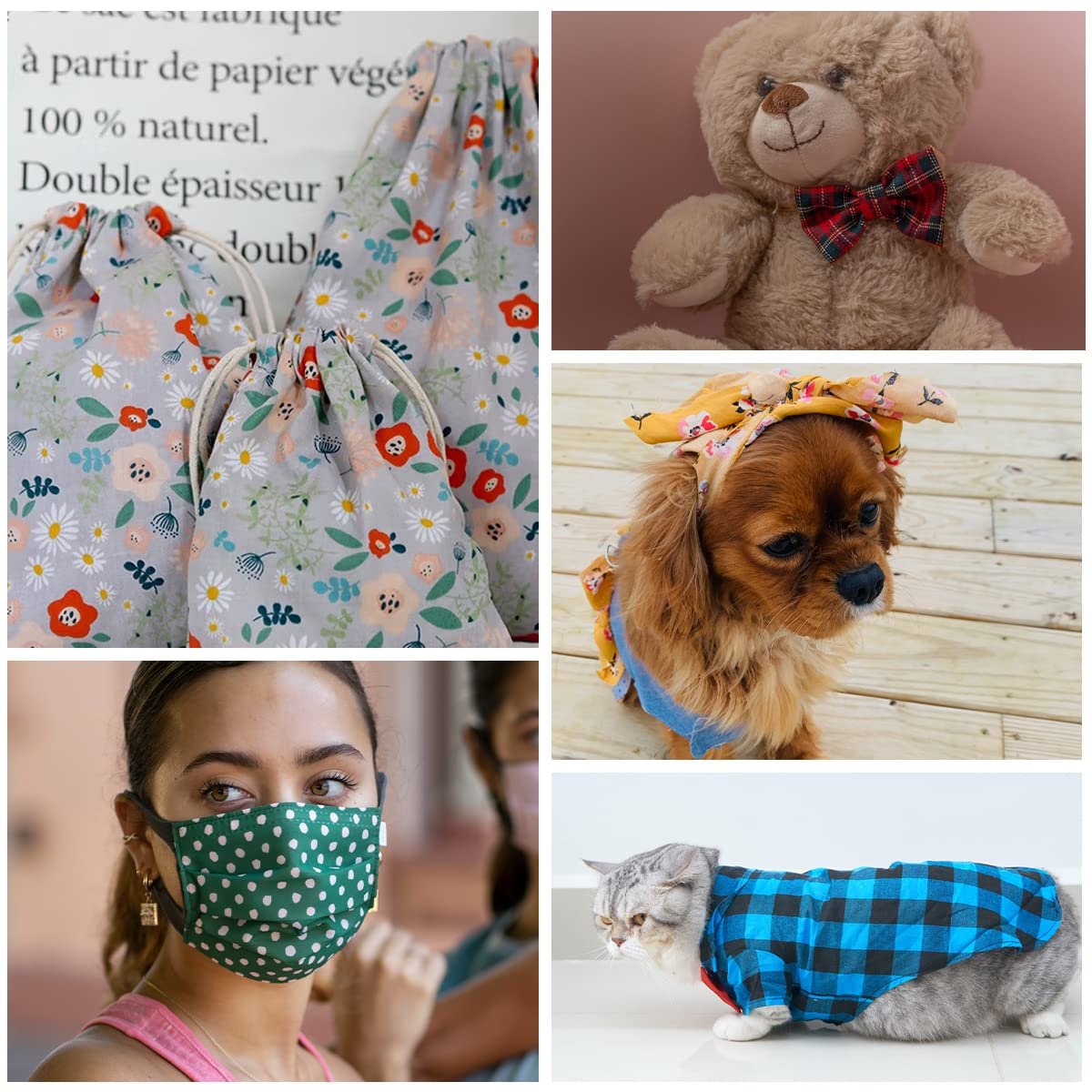 Collage of five images: floral drawstring bags on paper background, teddy bear with plaid bow, dog wearing bandana, woman wearing polka dot face mask, cat wearing plaid shirt.