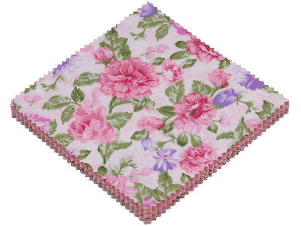 Stack of 42 pink floral 5x5 inch cotton fabric squares for quilting, angled view