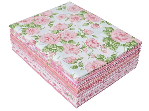Stack of 42 pink floral 5x5 inch precut cotton fabric squares for quilting and sewing.