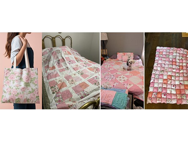 Collage of pink floral fabric crafts: tote bag, quilt on bed, dog on quilt, and puffy quilt.