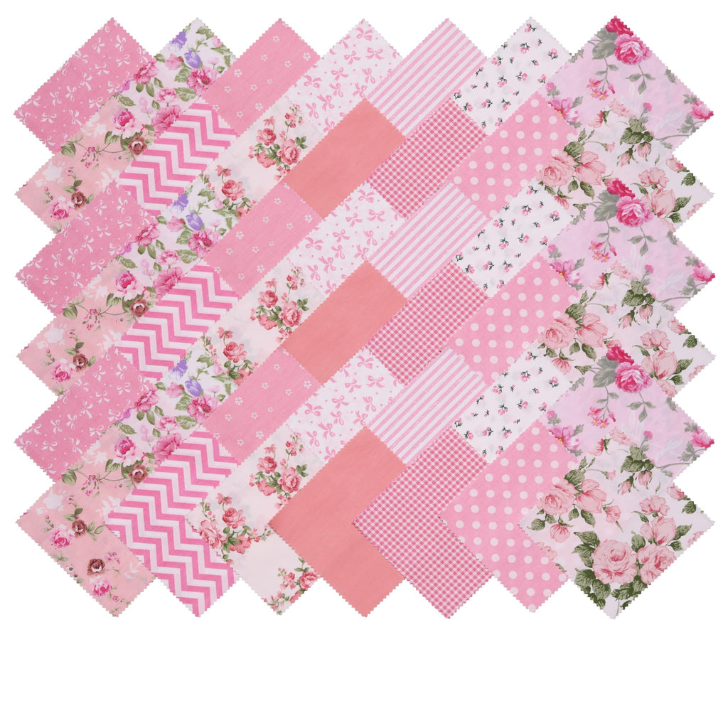 Assortment of pink floral, polka dot, striped, and chevron patterned fabric squares arranged in a diagonal pattern on a white background.