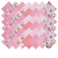 Assortment of pink floral, polka dot, striped, and chevron patterned fabric squares arranged in a diagonal pattern on a white background.