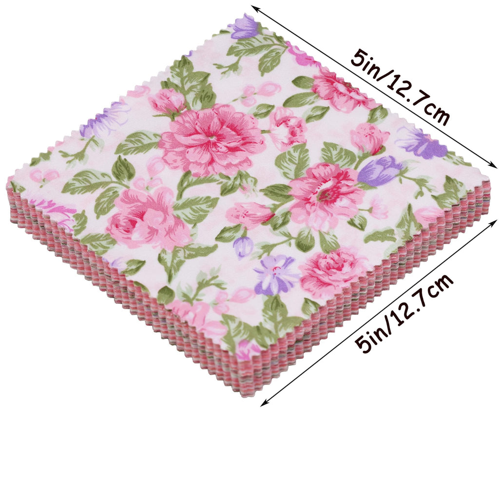 Stack of pink floral fabric squares with scalloped edges, showing dimensions 5in/12.7cm