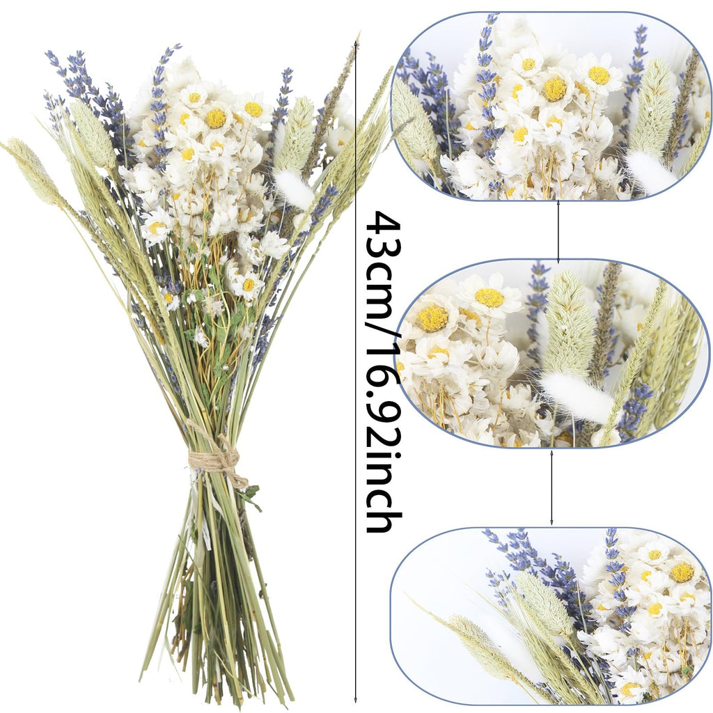 Dried flower bouquet with lavender, daisies, bunny tails, wheat, and jewel grass tied with twine, shown with close-up insets and height measurement.