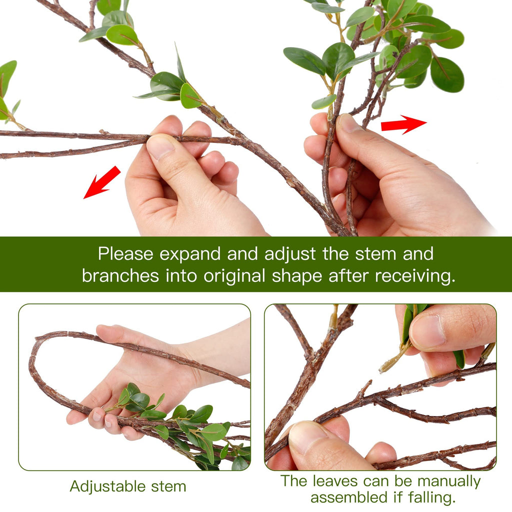 Hands adjusting artificial ficus branches, showing flexible stems and how to reattach leaves.