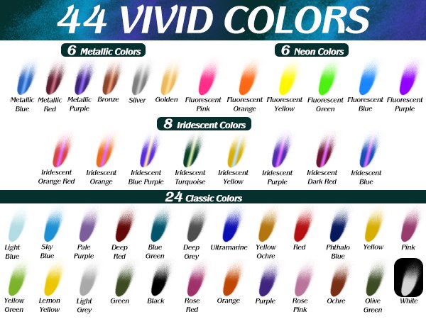 Swatches of 44 vivid acrylic airbrush paint colors, categorized into metallic, neon, iridescent, and classic shades.