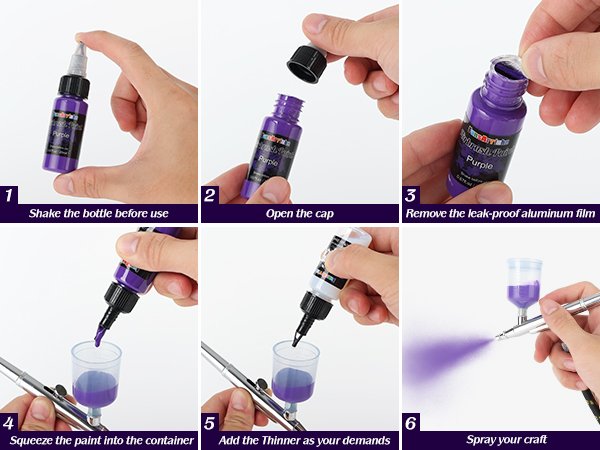 Six-panel infographic showing how to use acrylic airbrush paint, from shaking the bottle to spraying.