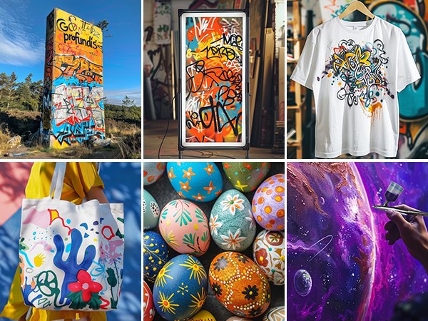 Collage of graffiti art and painted items: graffiti-covered tower, digital display with graffiti, t-shirt with graffiti design, tote bag with abstract art, painted Easter eggs, and airbrush painting a nebula.