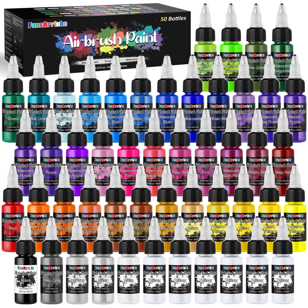 Collection of 50 bottles of airbrush paint in various colors, arranged in rows, with a box in the background.
