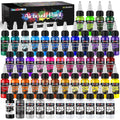 Collection of 50 bottles of airbrush paint in various colors, arranged in rows, with a box in the background.