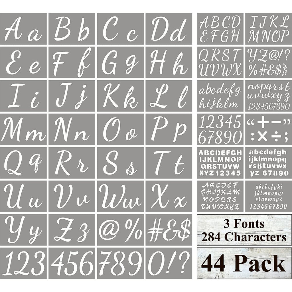Large letter and number stencils for painting, displayed in a grid with multiple fonts and symbols.