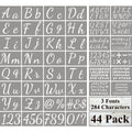 Large letter and number stencils for painting, displayed in a grid with multiple fonts and symbols.