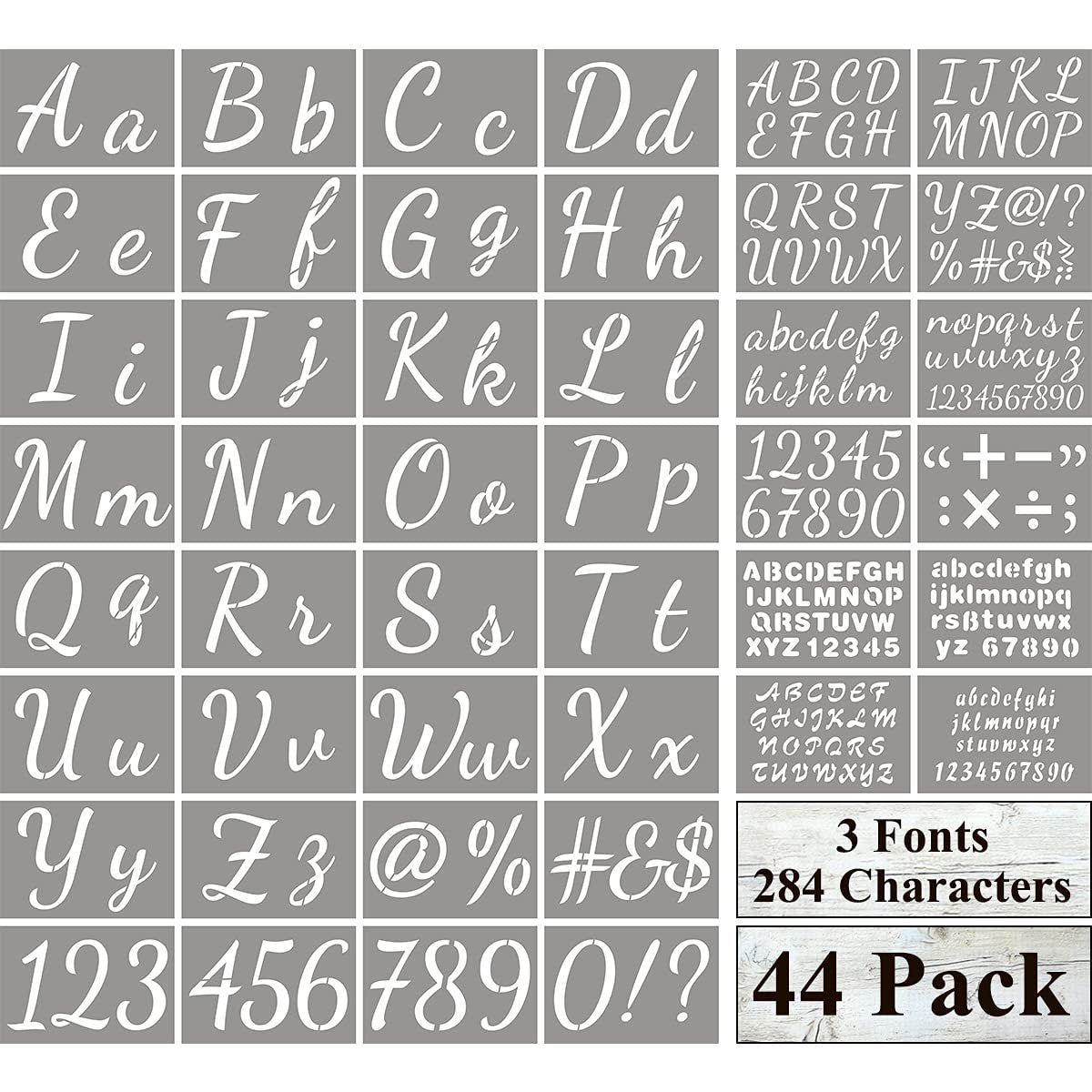 Large letter and number stencils for painting, displayed in a grid with multiple fonts and symbols.