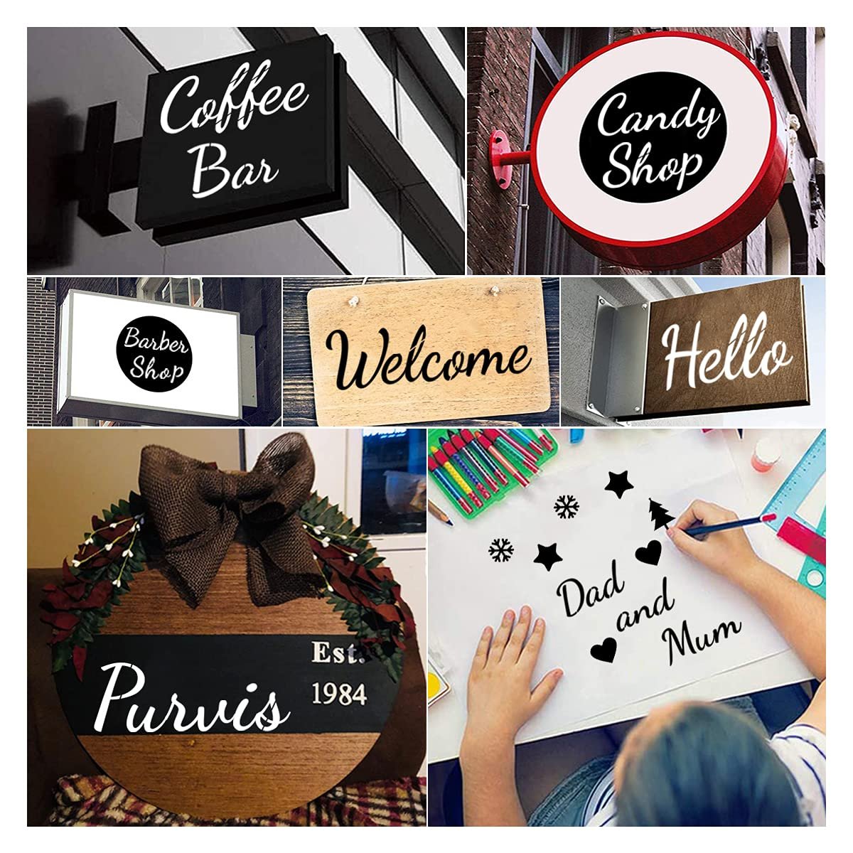 Collage of various lettering and design applications using stencils, including signs and crafts.