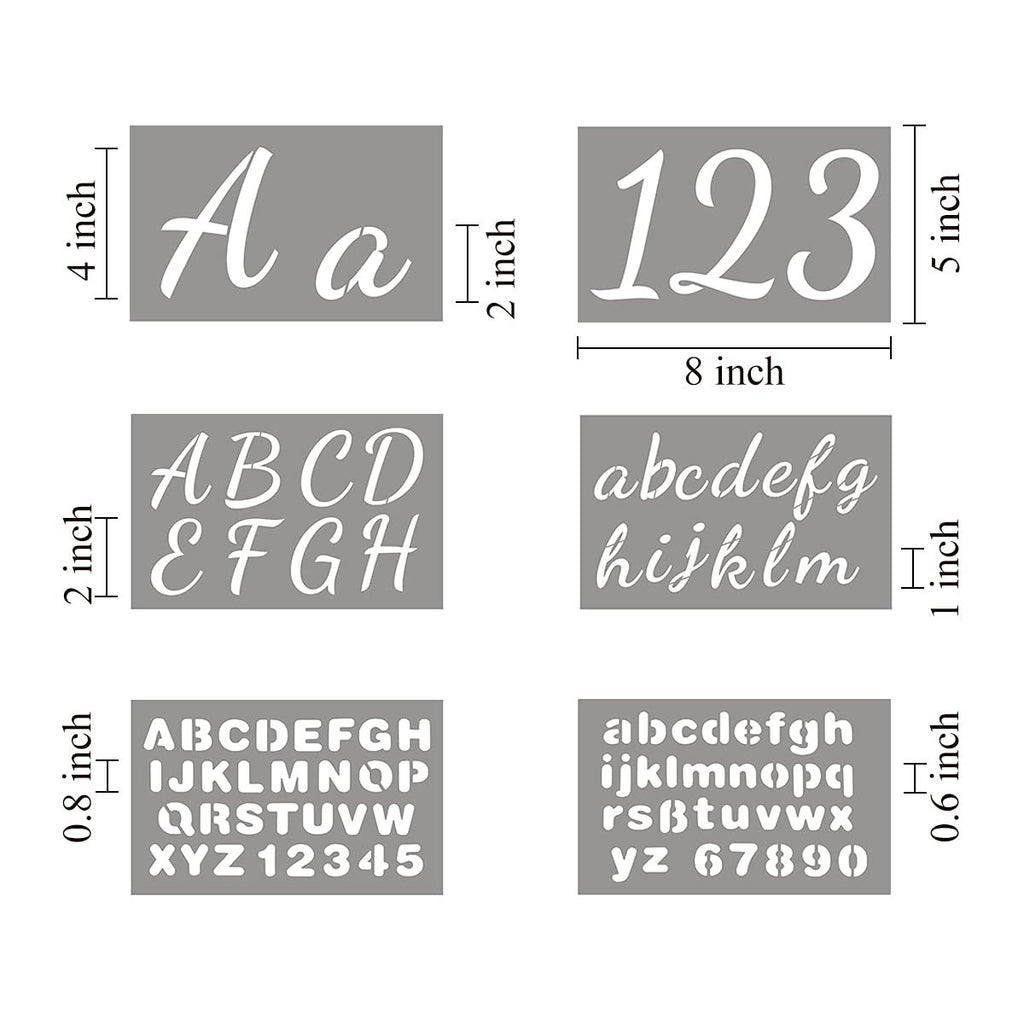 Six stencils showing uppercase and lowercase letters and numbers with size dimensions indicated.