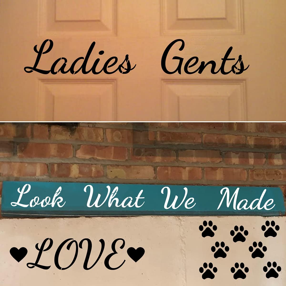 Various stenciled phrases and paw prints on different backgrounds, including 'Ladies Gents' on a door and 'Look What We Made' on a teal sign.
