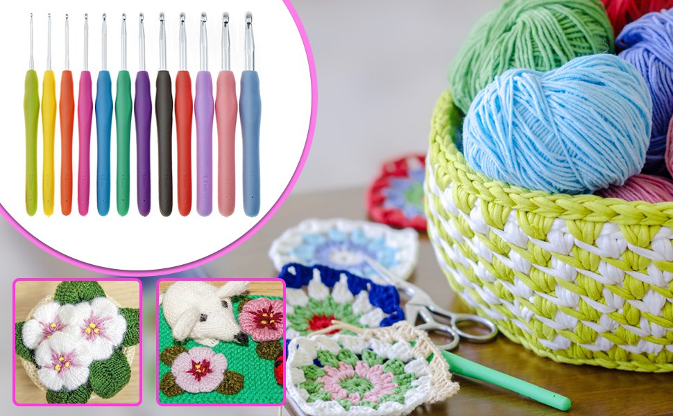 Set of 12 ergonomic crochet hooks with rubber handles in various colors, displayed in a pink circular overlay, with yarn and crochet projects in the background.