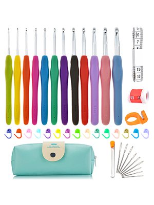Set of 12 ergonomic crochet hooks with rubber handles in various colors, plus stitch markers, a teal case, sewing needles, and a tape measure.