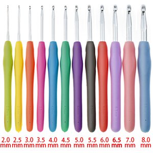 Set of 12 crochet hooks with ergonomic rubber handles in various colors, sizes 2mm to 8mm displayed in a row.